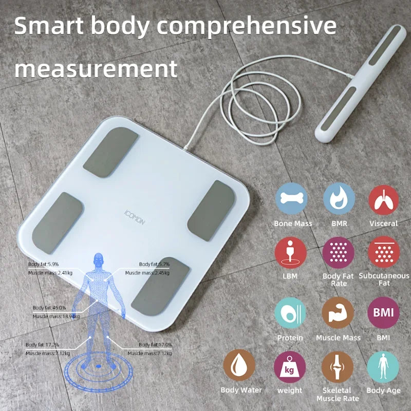 Báscula inteligente Fitdays con 8 electrodos para medir la grasa corporal, la bioimpedancia y la composición corporal.