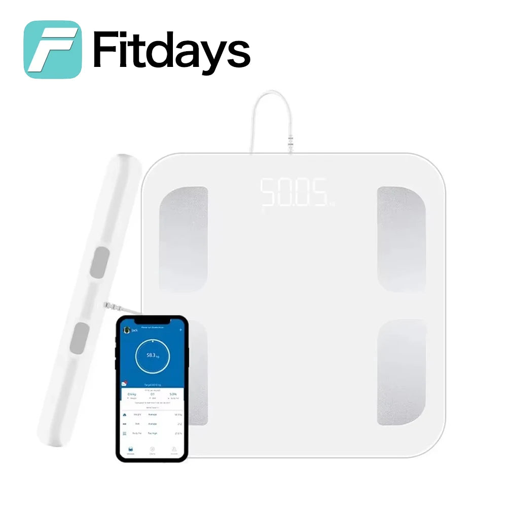 Báscula inteligente Fitdays con 8 electrodos para medir la grasa corporal, la bioimpedancia y la composición corporal.