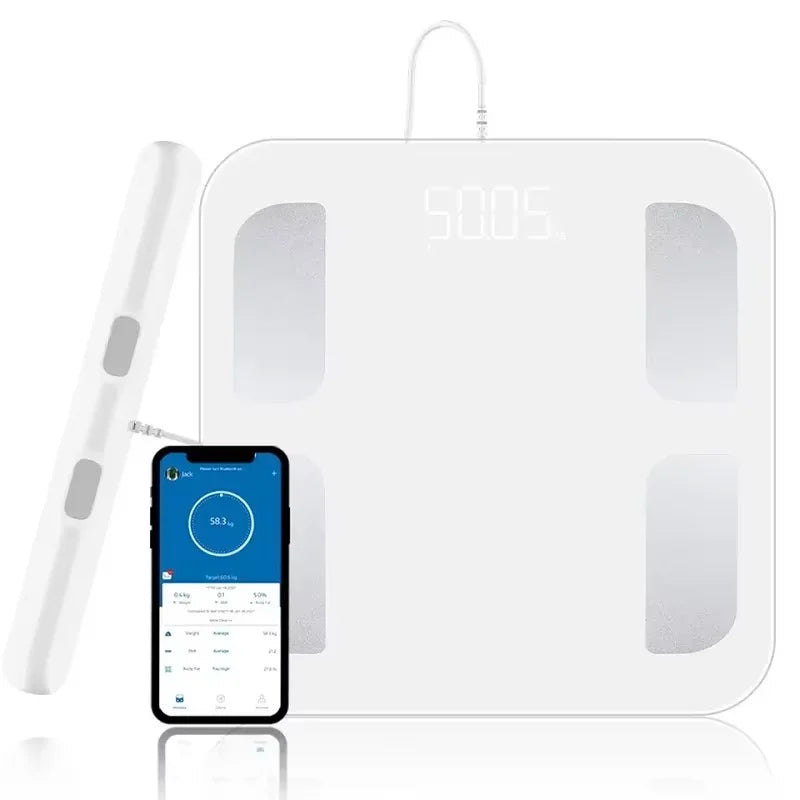 Báscula inteligente Fitdays con 8 electrodos para medir la grasa corporal, la bioimpedancia y la composición corporal.