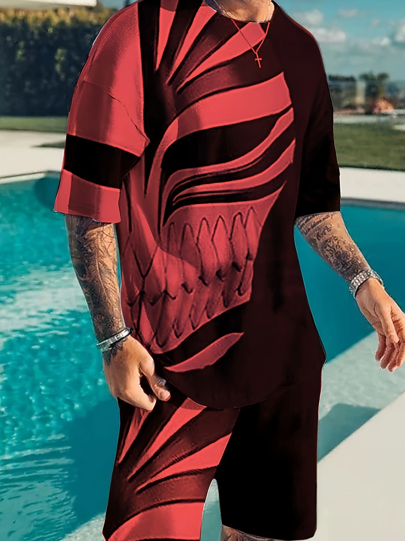 2-Piece Mens Cartoon Print Sports Set - Soft 100% Polyester Crew Neck T-Shirt and Active Drawstring Shorts for Fitness, Novelty, and Weekend Casual Wear