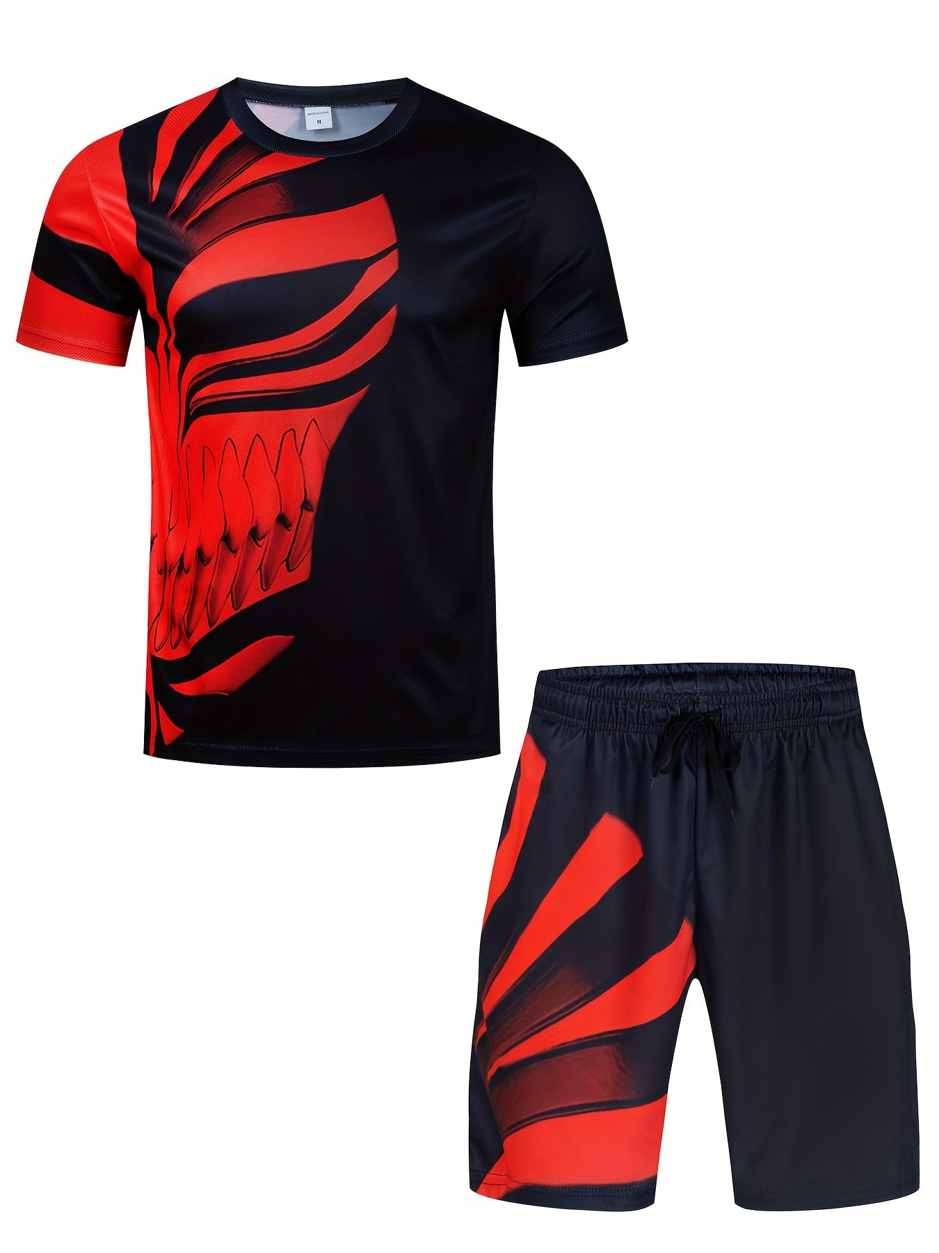 2-Piece Mens Cartoon Print Sports Set - Soft 100% Polyester Crew Neck T-Shirt and Active Drawstring Shorts for Fitness, Novelty, and Weekend Casual Wear