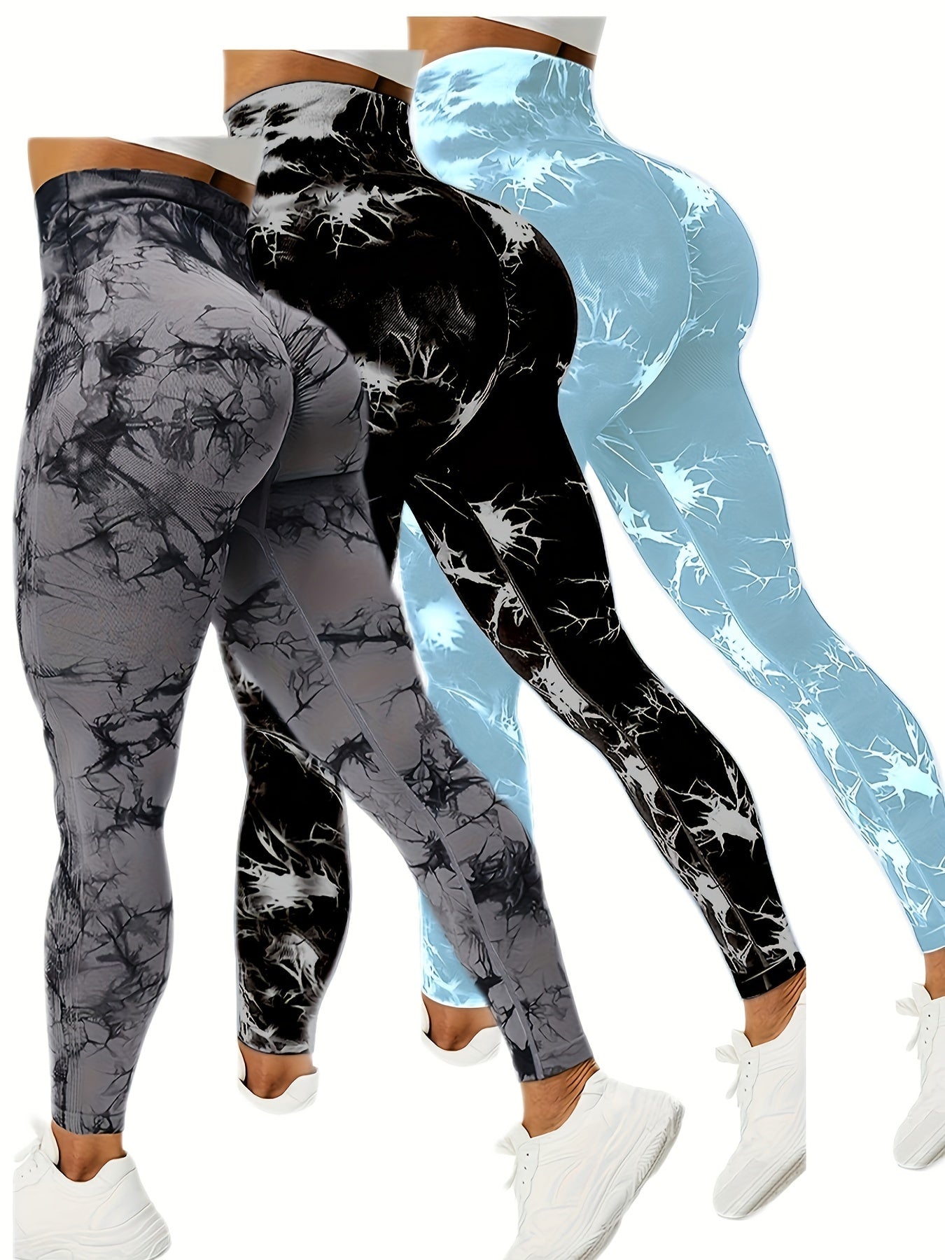 3pcs Vibrant Tie Dye High Waist Sports Leggings - Ultra-Comfortable, Sweat-Wicking, Four-Way Stretch Fitness Pants for Women - Wide Waistband, Yoga, Running, Workout, Activewear Essentials
