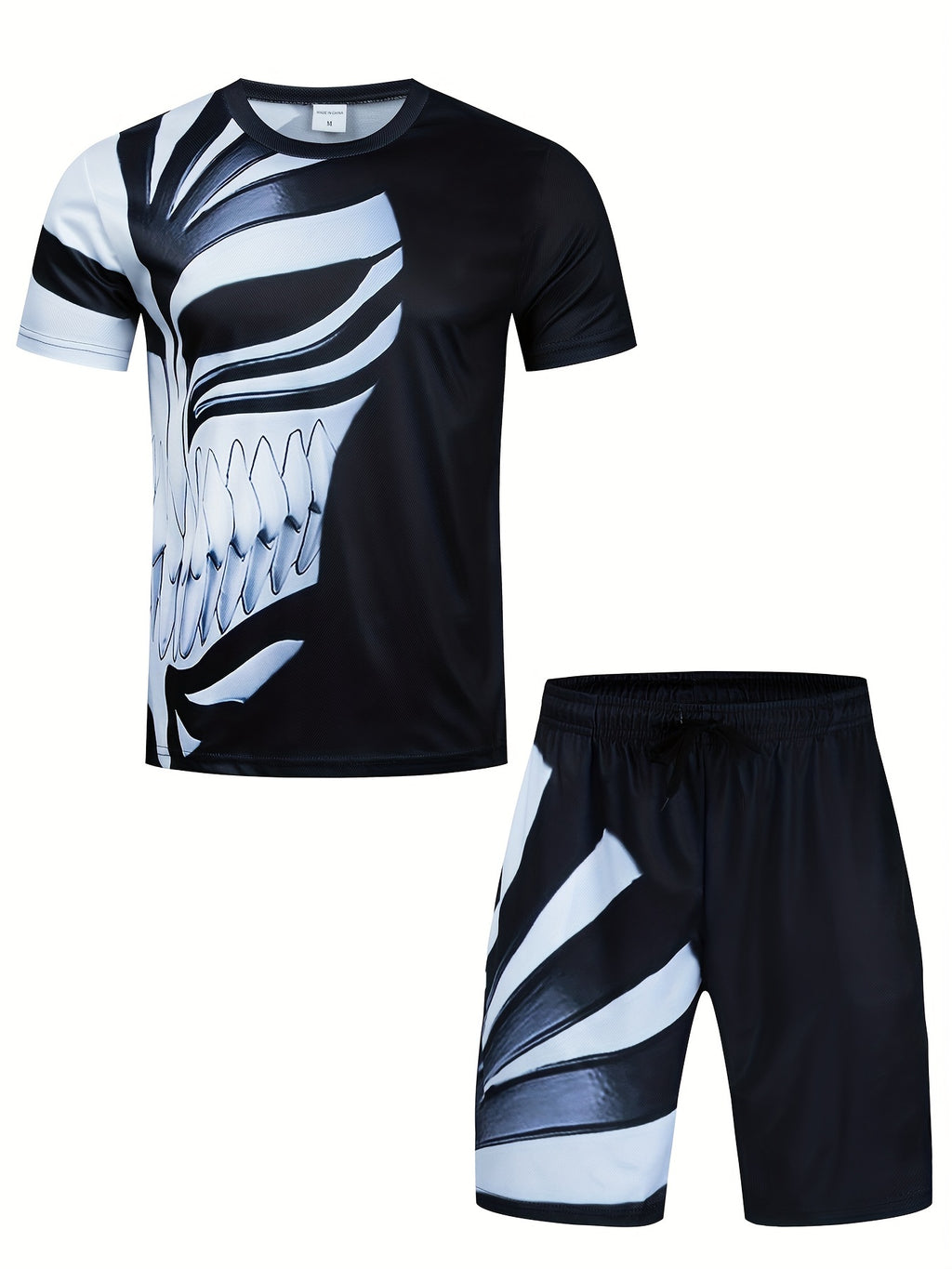 2-Piece Mens Cartoon Print Sports Set - Soft 100% Polyester Crew Neck T-Shirt and Active Drawstring Shorts for Fitness, Novelty, and Weekend Casual Wear