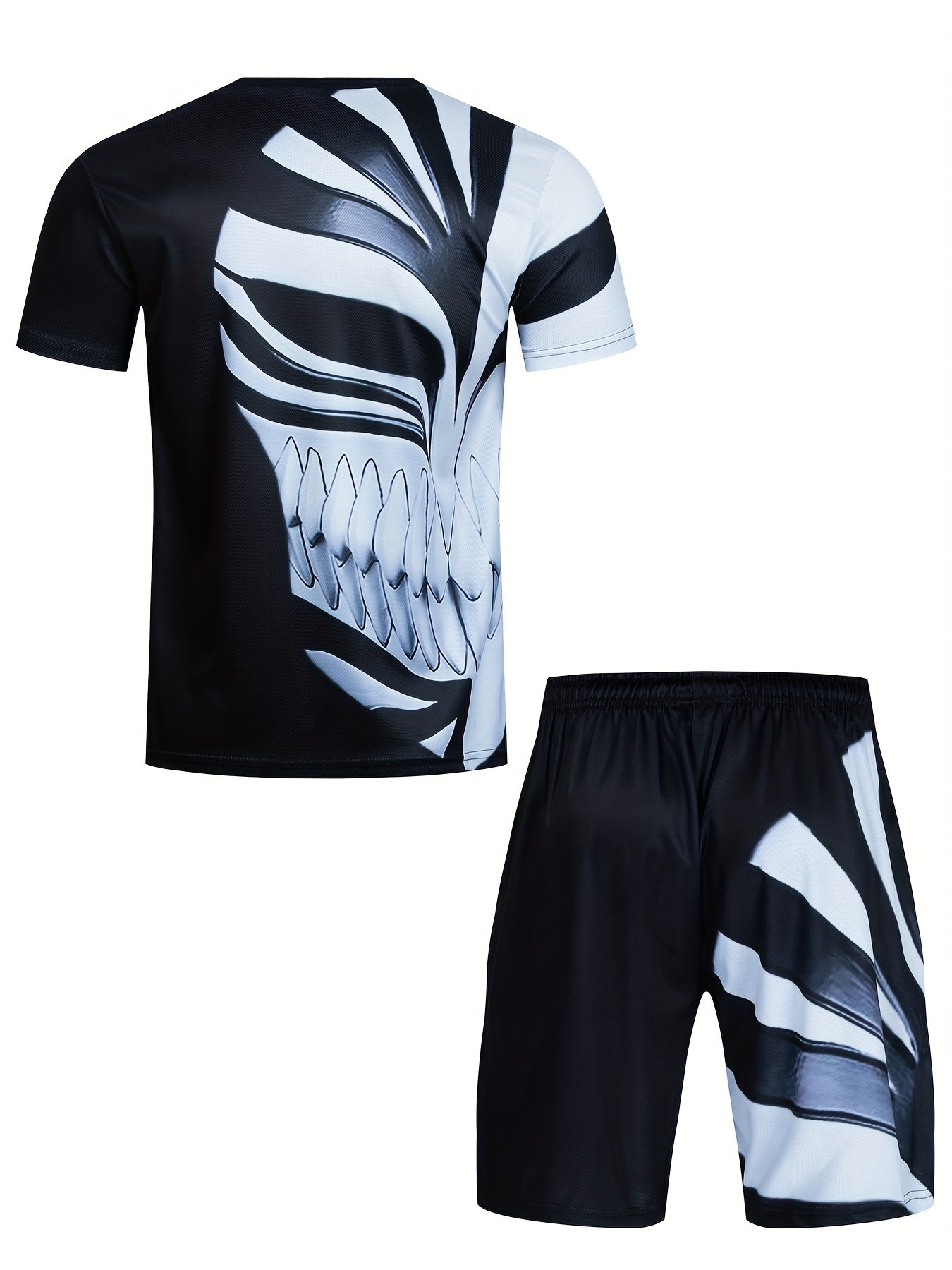 2-Piece Mens Cartoon Print Sports Set - Soft 100% Polyester Crew Neck T-Shirt and Active Drawstring Shorts for Fitness, Novelty, and Weekend Casual Wear