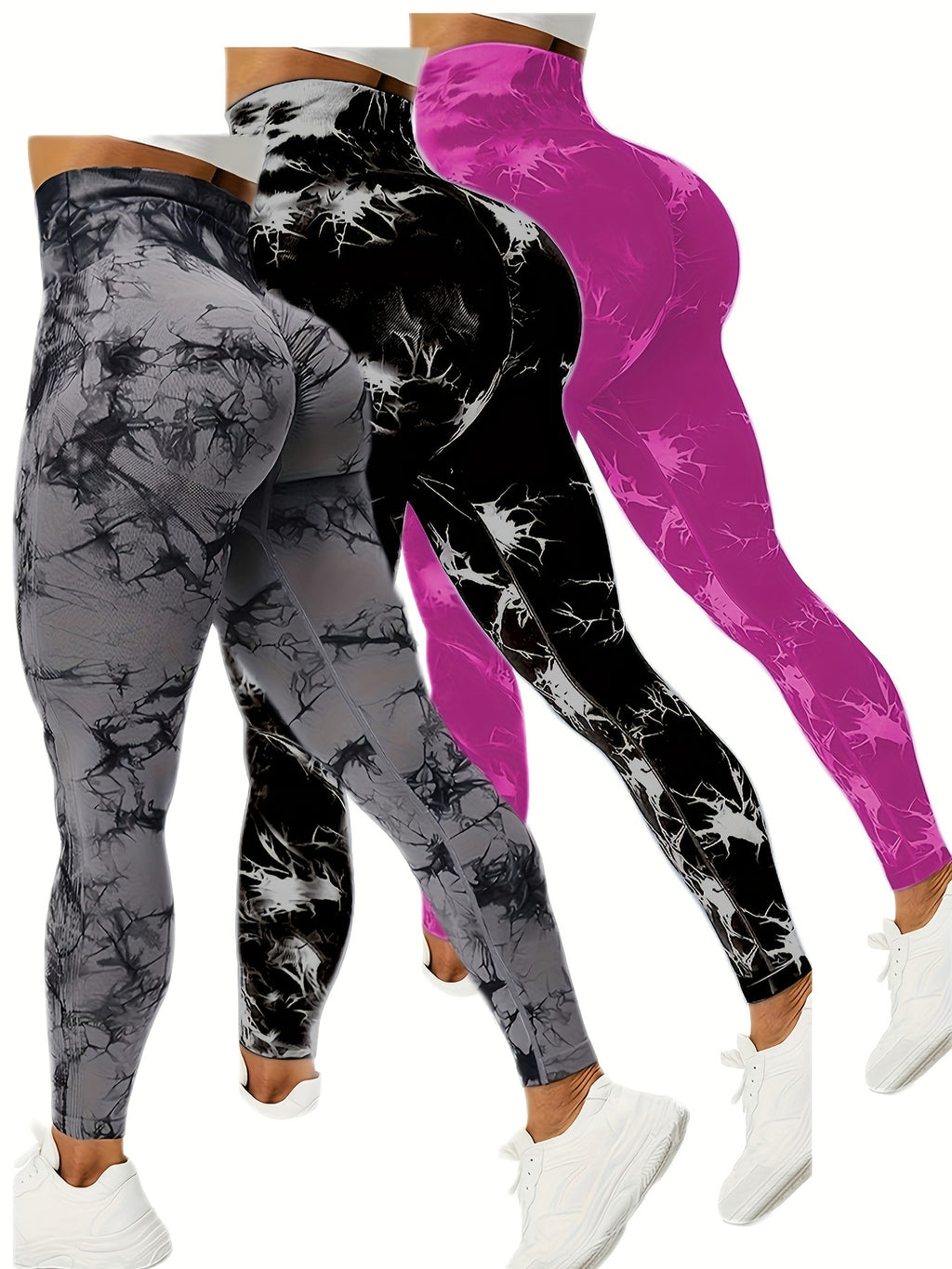 3pcs Vibrant Tie Dye High Waist Sports Leggings - Ultra-Comfortable, Sweat-Wicking, Four-Way Stretch Fitness Pants for Women - Wide Waistband, Yoga, Running, Workout, Activewear Essentials