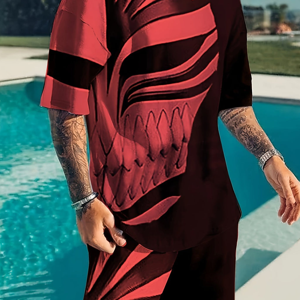 2-Piece Mens Cartoon Print Sports Set - Soft 100% Polyester Crew Neck T-Shirt and Active Drawstring Shorts for Fitness, Novelty, and Weekend Casual Wear