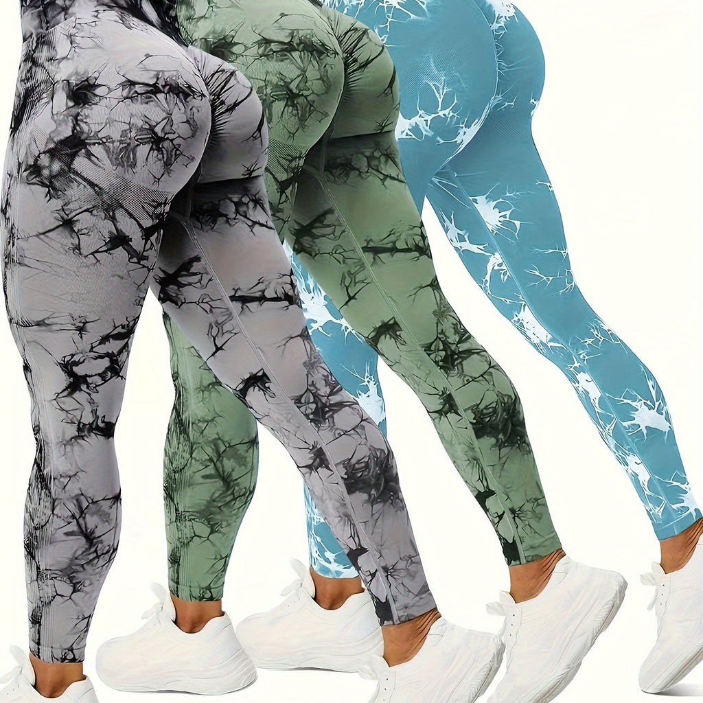 3pcs Vibrant Tie Dye High Waist Sports Leggings - Ultra-Comfortable, Sweat-Wicking, Four-Way Stretch Fitness Pants for Women - Wide Waistband, Yoga, Running, Workout, Activewear Essentials