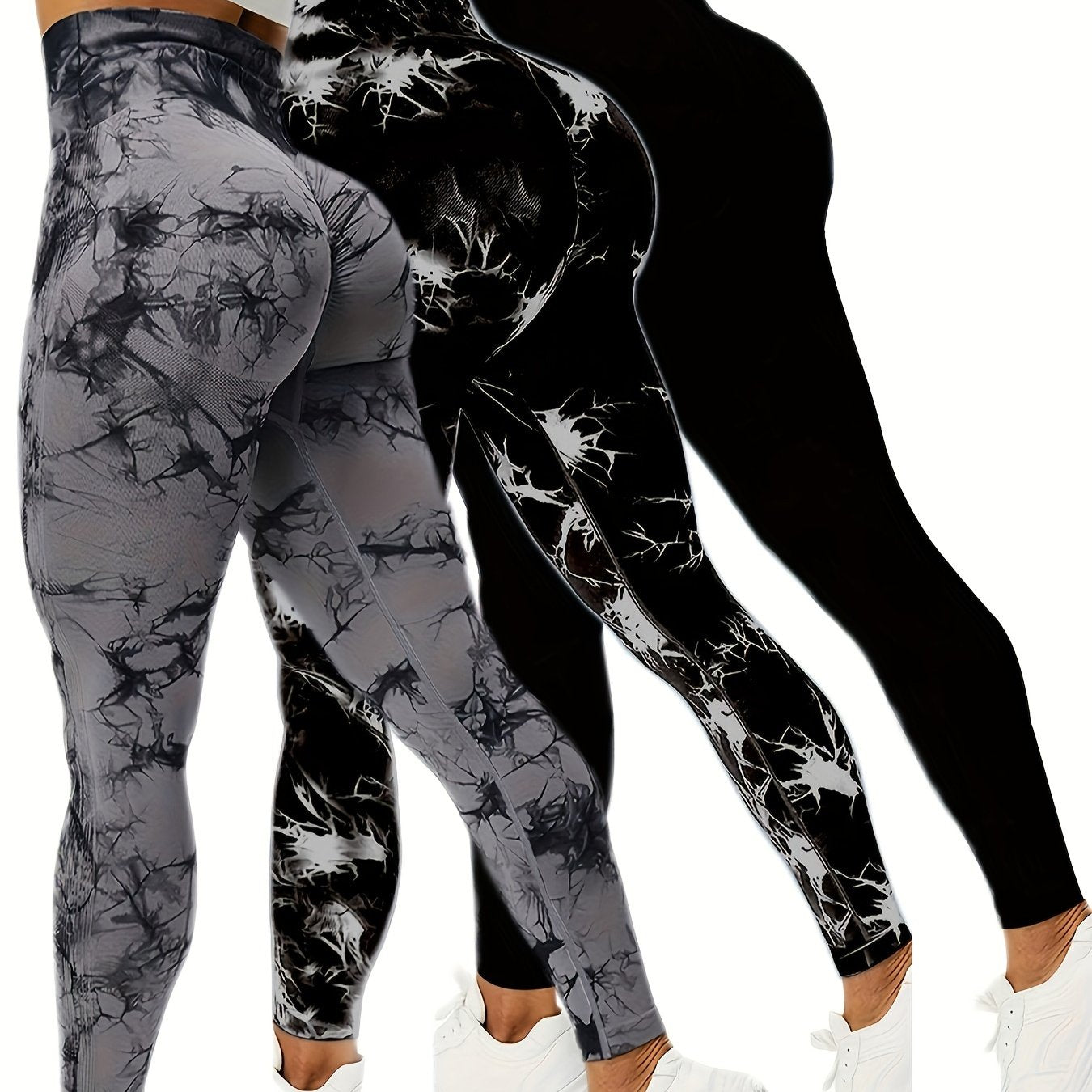 3pcs Vibrant Tie Dye High Waist Sports Leggings - Ultra-Comfortable, Sweat-Wicking, Four-Way Stretch Fitness Pants for Women - Wide Waistband, Yoga, Running, Workout, Activewear Essentials