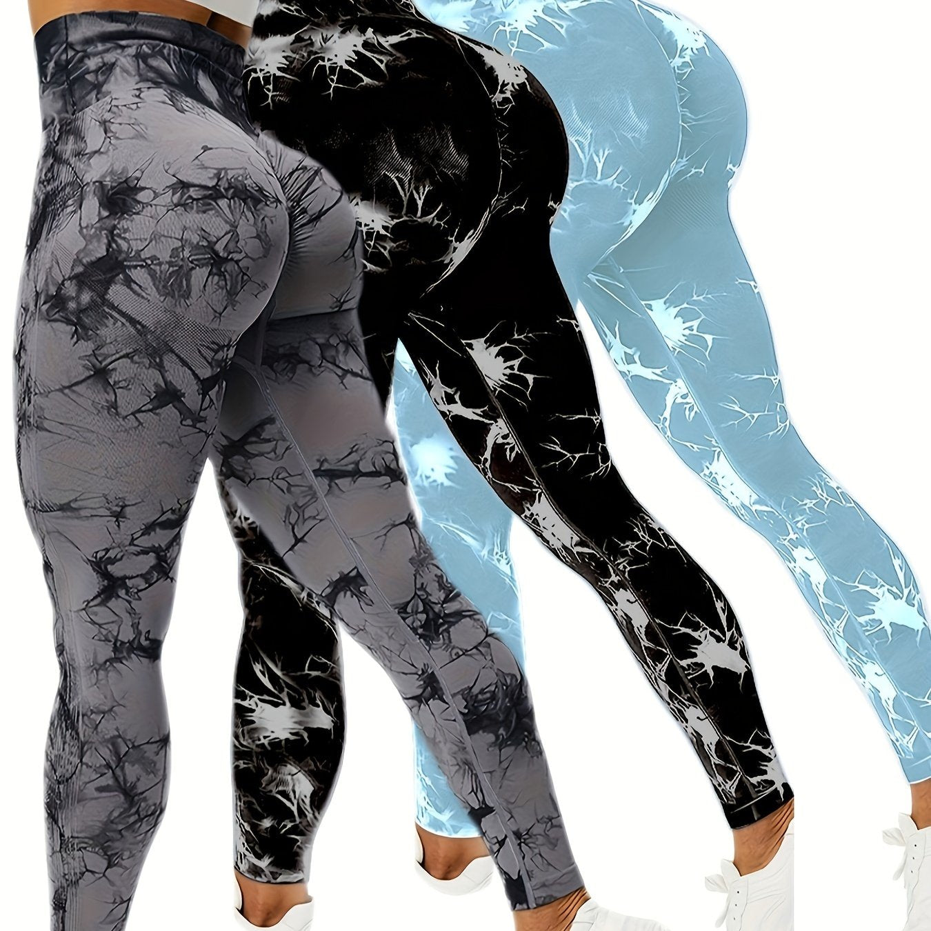 3pcs Vibrant Tie Dye High Waist Sports Leggings - Ultra-Comfortable, Sweat-Wicking, Four-Way Stretch Fitness Pants for Women - Wide Waistband, Yoga, Running, Workout, Activewear Essentials