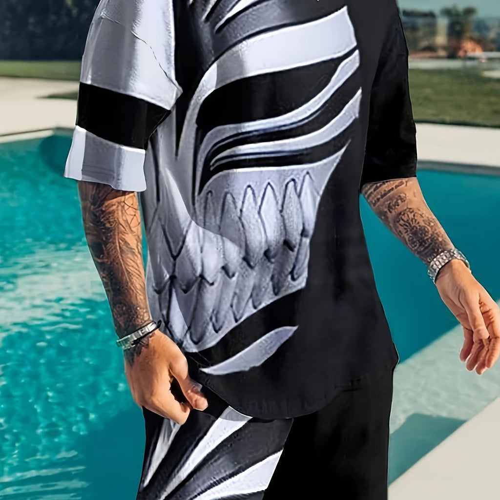 2-Piece Mens Cartoon Print Sports Set - Soft 100% Polyester Crew Neck T-Shirt and Active Drawstring Shorts for Fitness, Novelty, and Weekend Casual Wear