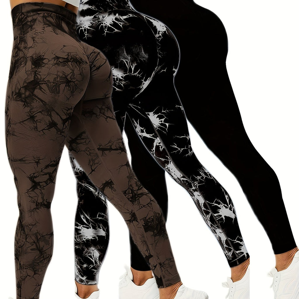3pcs Vibrant Tie Dye High Waist Sports Leggings - Ultra-Comfortable, Sweat-Wicking, Four-Way Stretch Fitness Pants for Women - Wide Waistband, Yoga, Running, Workout, Activewear Essentials