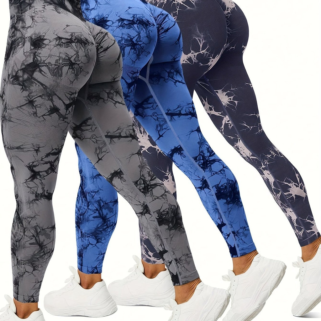 3pcs Vibrant Tie Dye High Waist Sports Leggings - Ultra-Comfortable, Sweat-Wicking, Four-Way Stretch Fitness Pants for Women - Wide Waistband, Yoga, Running, Workout, Activewear Essentials