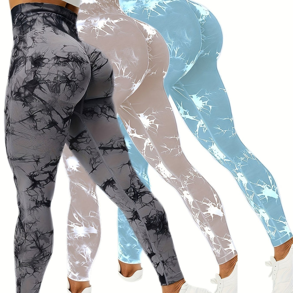 3pcs Vibrant Tie Dye High Waist Sports Leggings - Ultra-Comfortable, Sweat-Wicking, Four-Way Stretch Fitness Pants for Women - Wide Waistband, Yoga, Running, Workout, Activewear Essentials