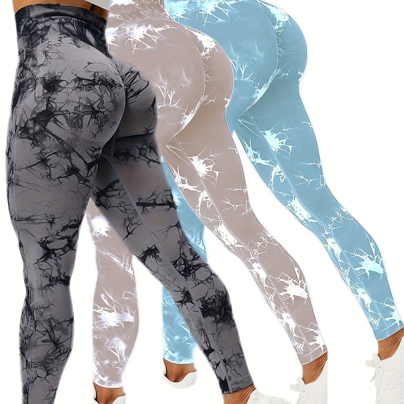 3pcs Vibrant Tie Dye High Waist Sports Leggings - Ultra-Comfortable, Sweat-Wicking, Four-Way Stretch Fitness Pants for Women - Wide Waistband, Yoga, Running, Workout, Activewear Essentials