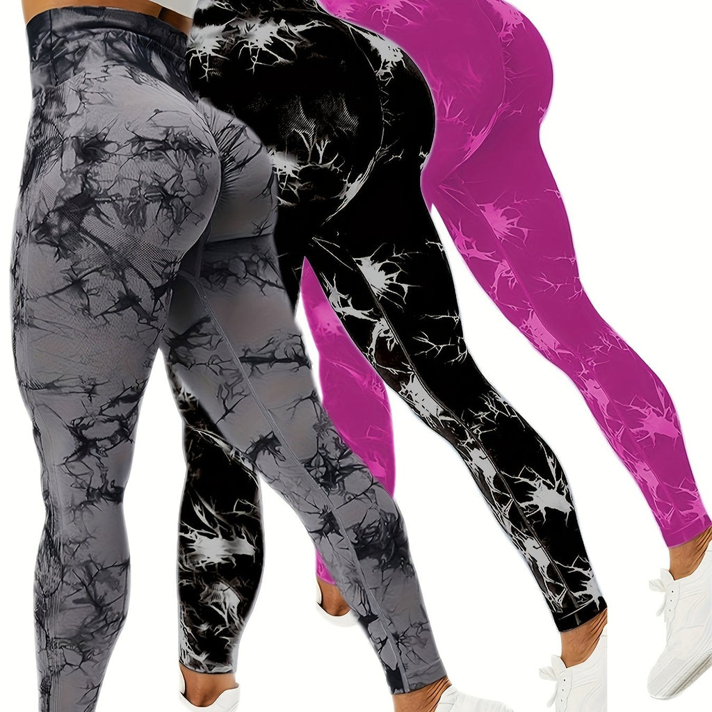 3pcs Vibrant Tie Dye High Waist Sports Leggings - Ultra-Comfortable, Sweat-Wicking, Four-Way Stretch Fitness Pants for Women - Wide Waistband, Yoga, Running, Workout, Activewear Essentials