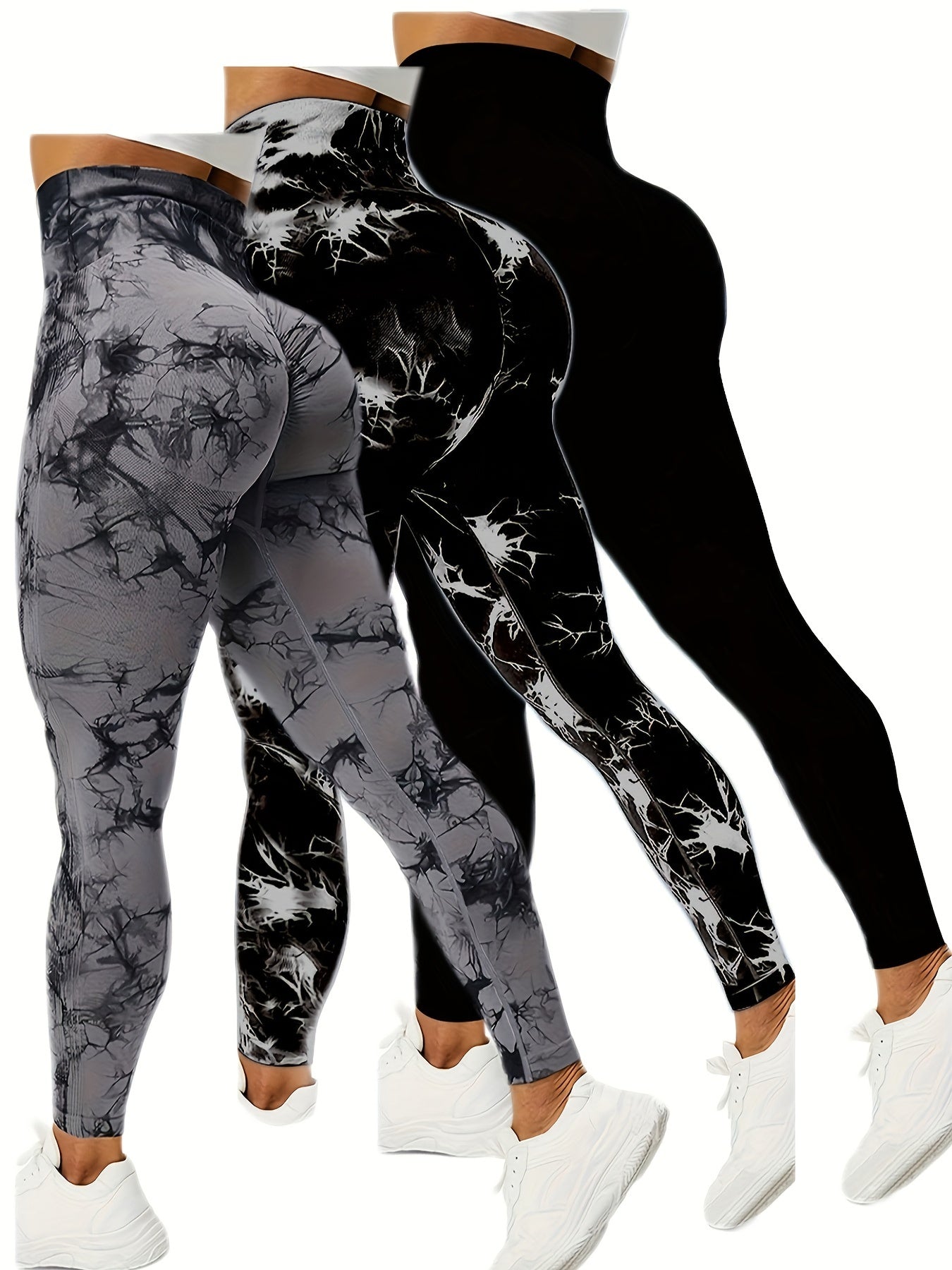 3pcs Vibrant Tie Dye High Waist Sports Leggings - Ultra-Comfortable, Sweat-Wicking, Four-Way Stretch Fitness Pants for Women - Wide Waistband, Yoga, Running, Workout, Activewear Essentials